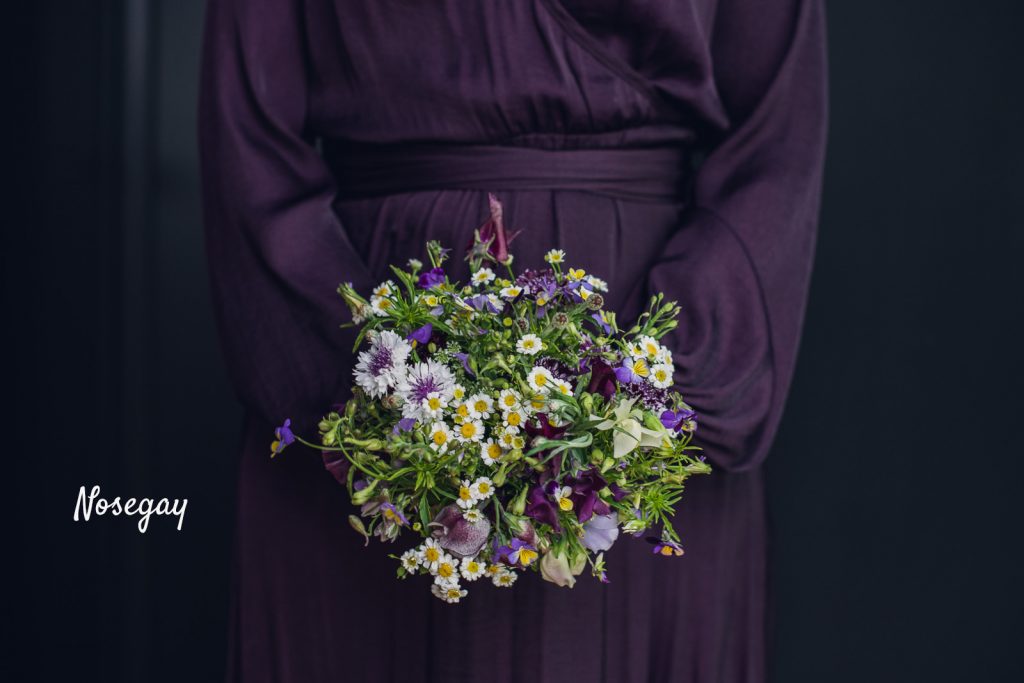 2. nosegay copy nosegay bouquet with feverfew, pansies and bachelor buttons