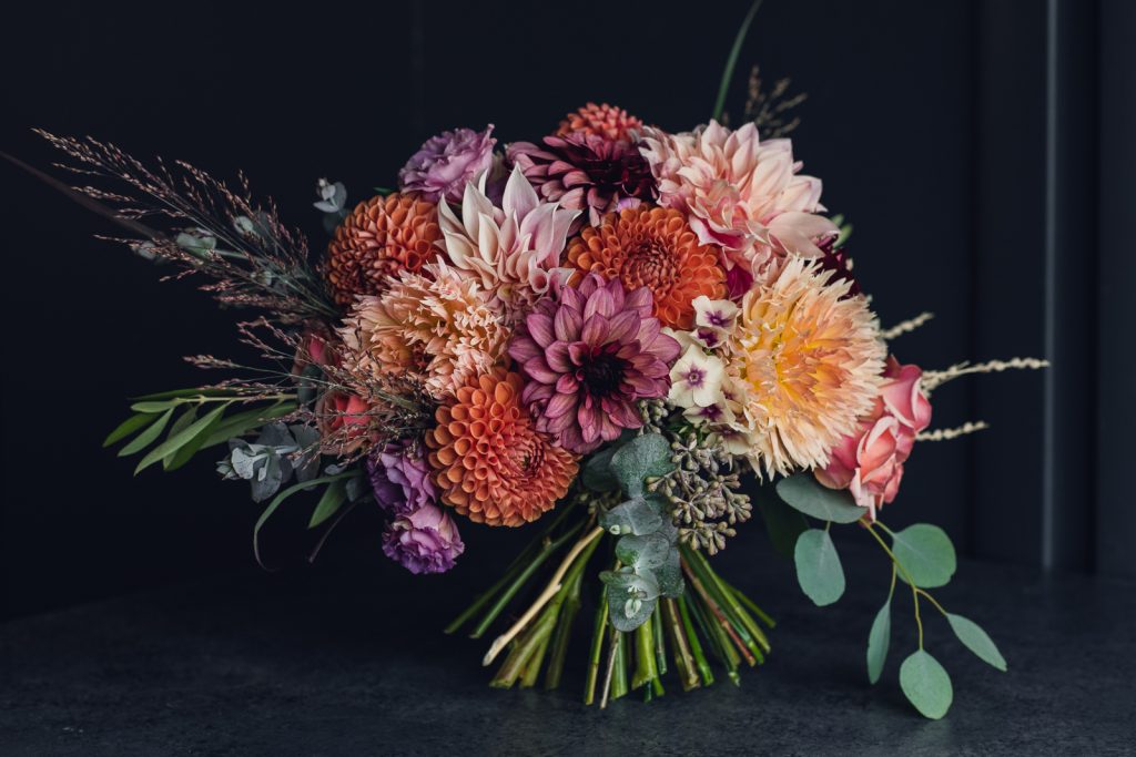 bouquet of warm tone dahlias