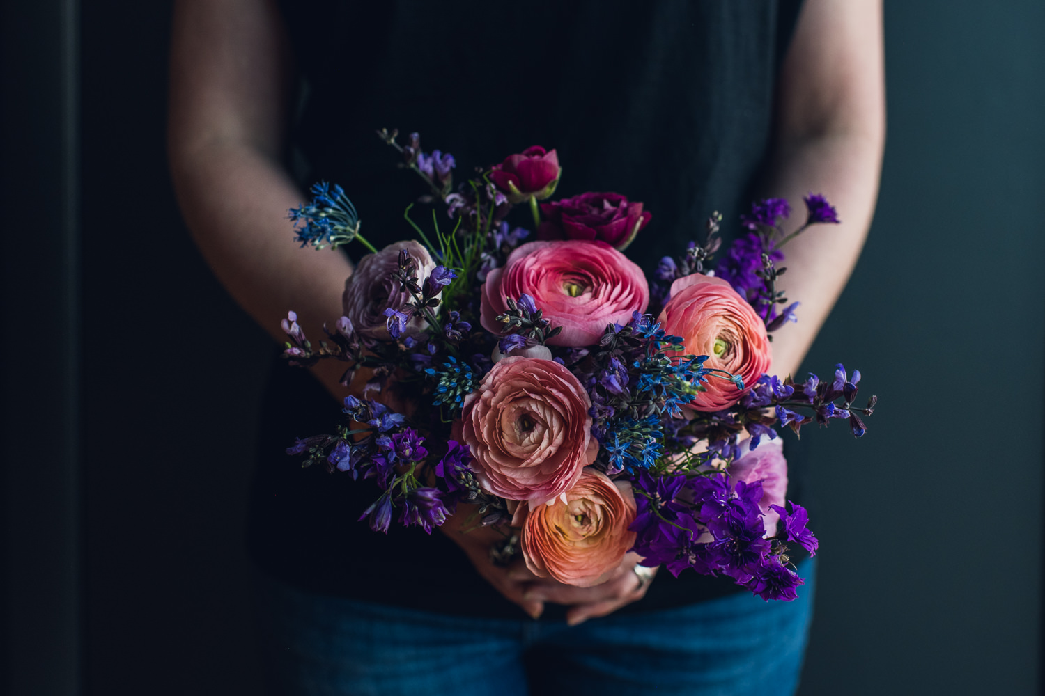 very peri larkspur, peach, pink ranunculus bouquet