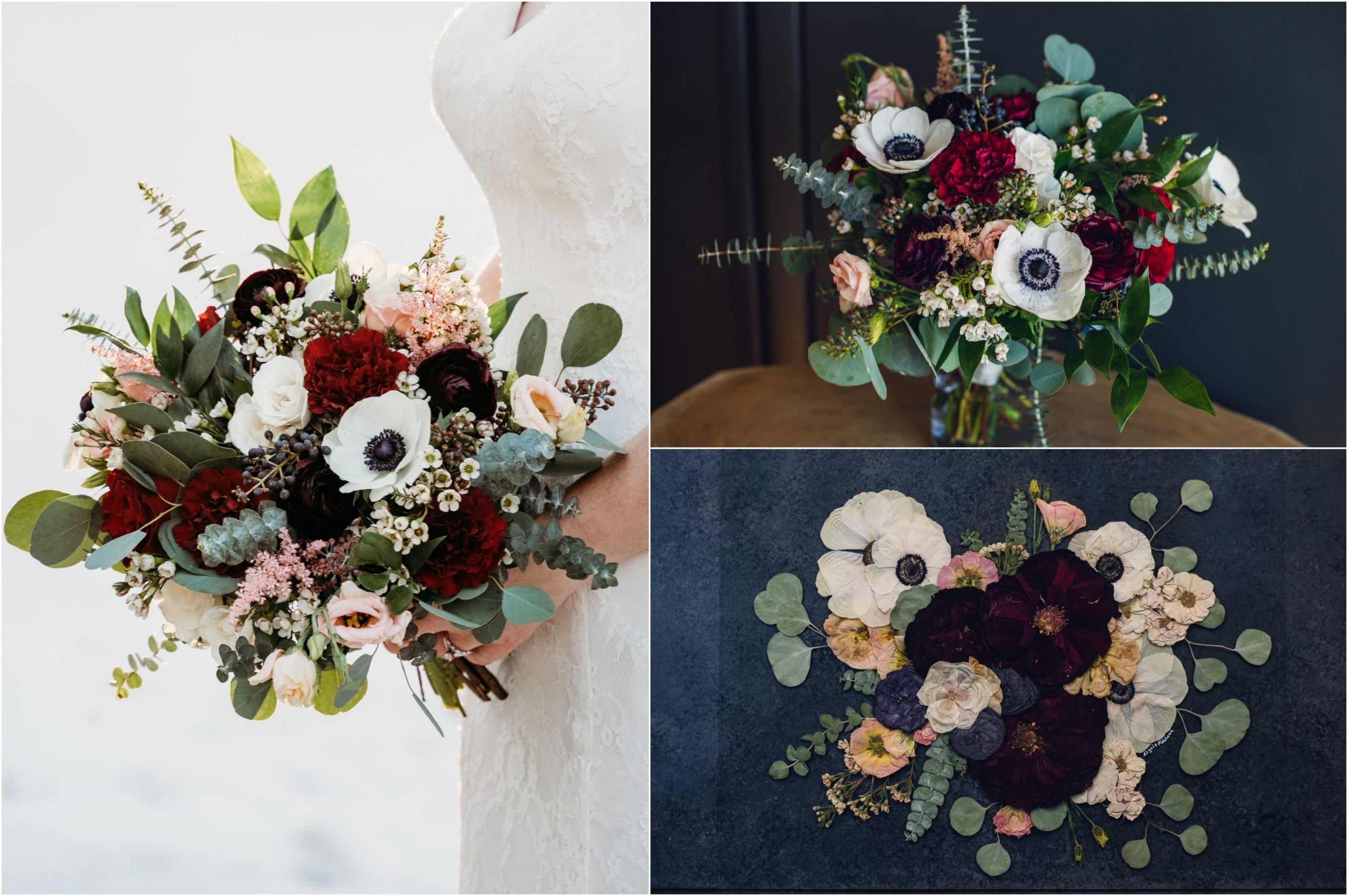 bride holding bouquet on wedding day and bouquet preserved into art