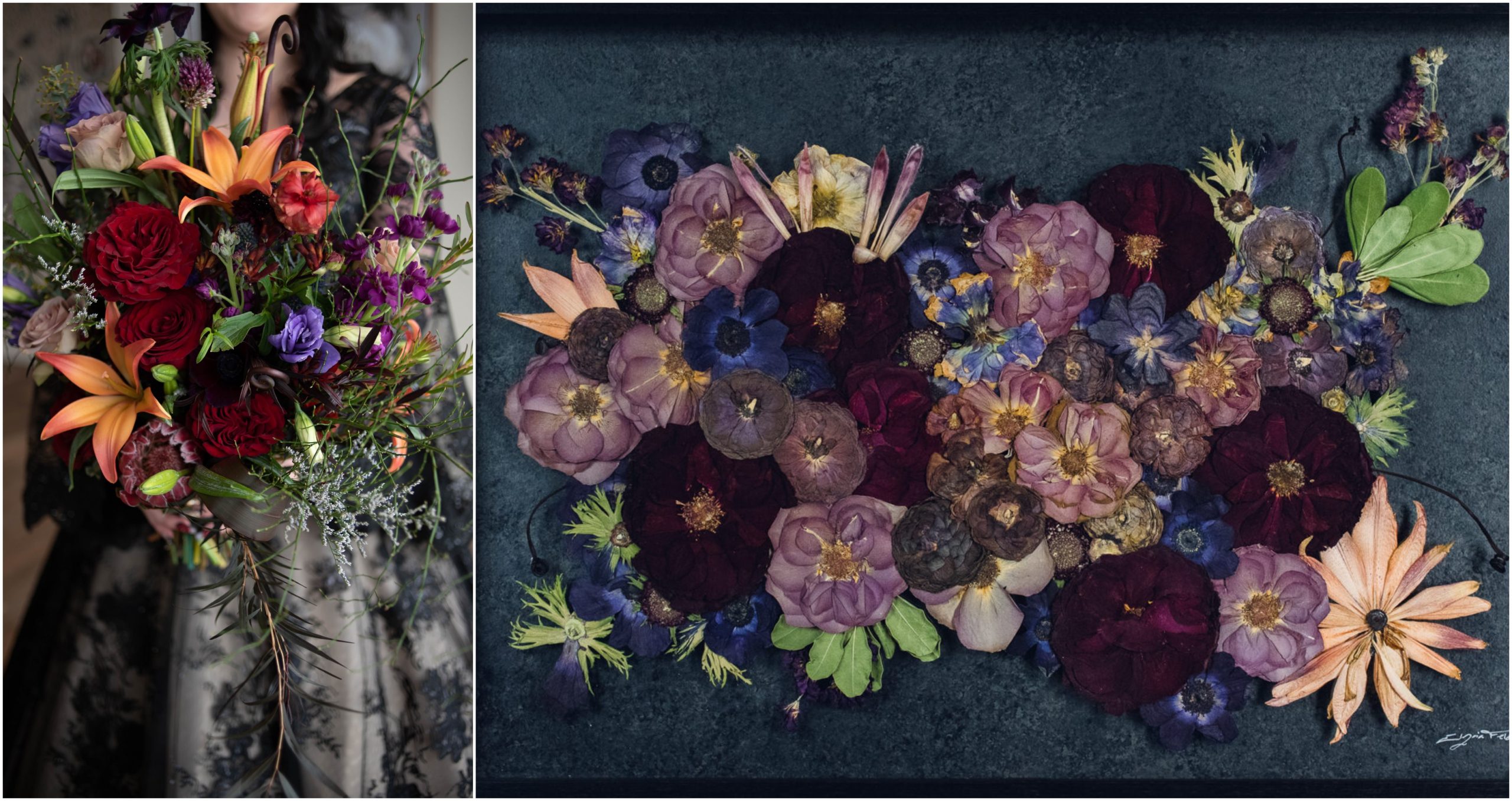 bride wearing black dress and holding bouquet next to pressed flower art