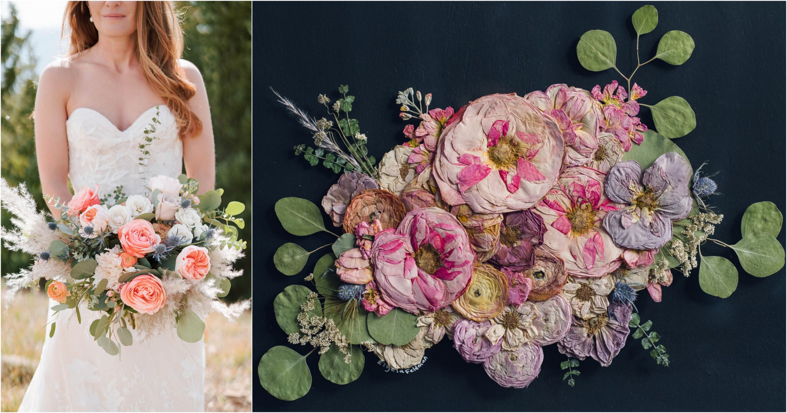 before and after of bridal bouquet preservation turned into art