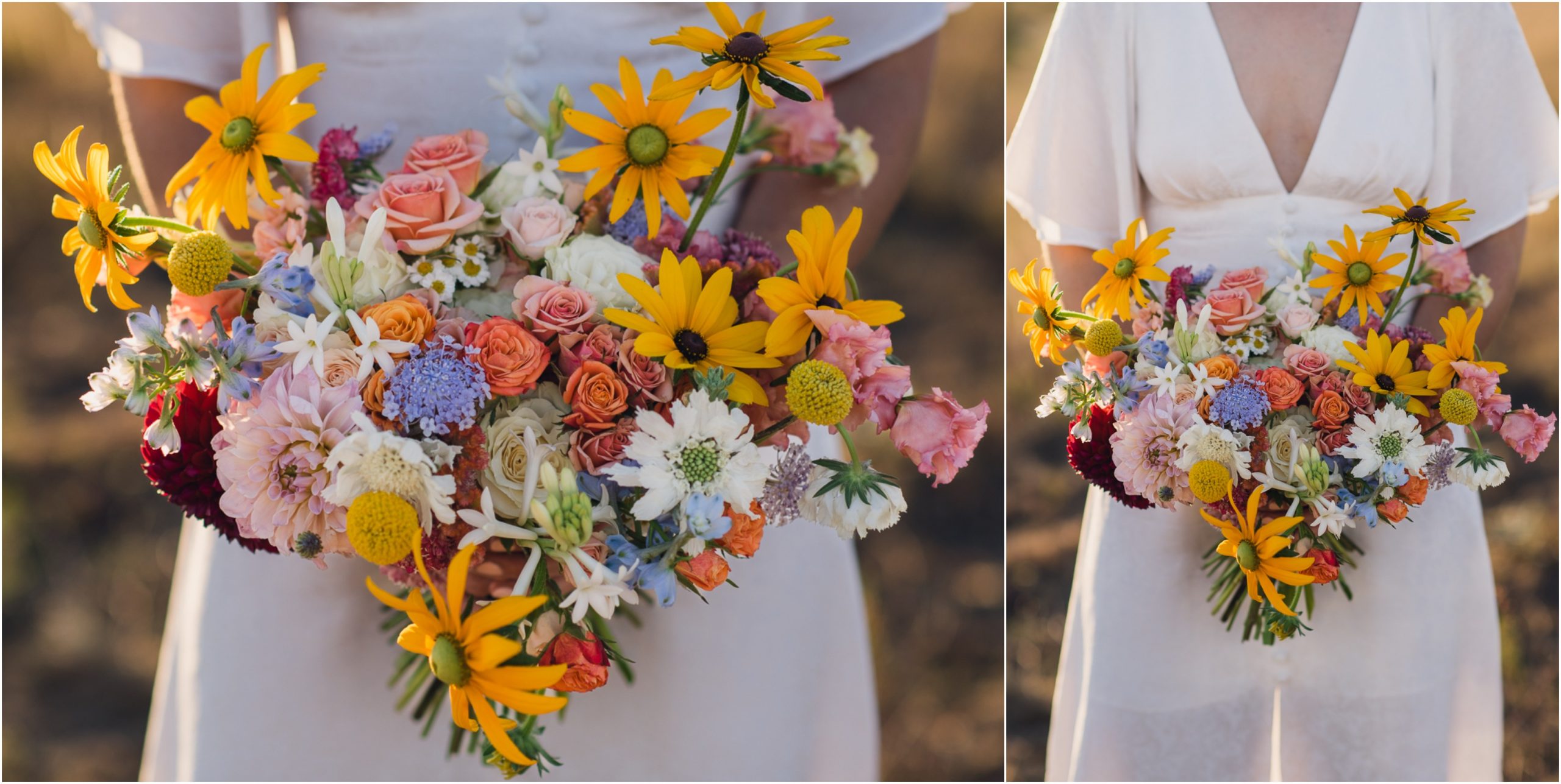 bride holding a summer bouquet of rudbeckia and pastel flowers
