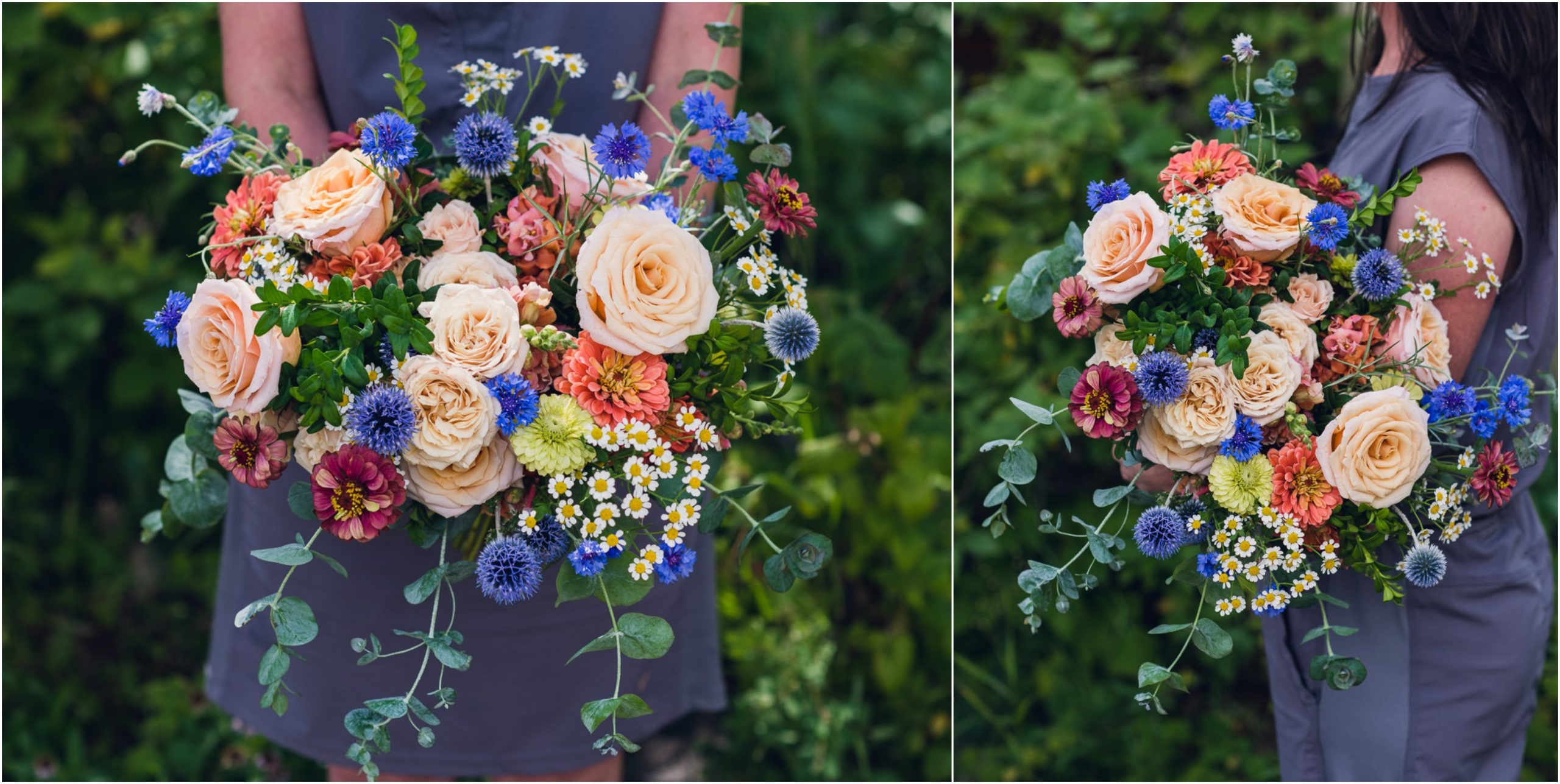 bridal bouquet of berries and cream colored flowers with pops of blue