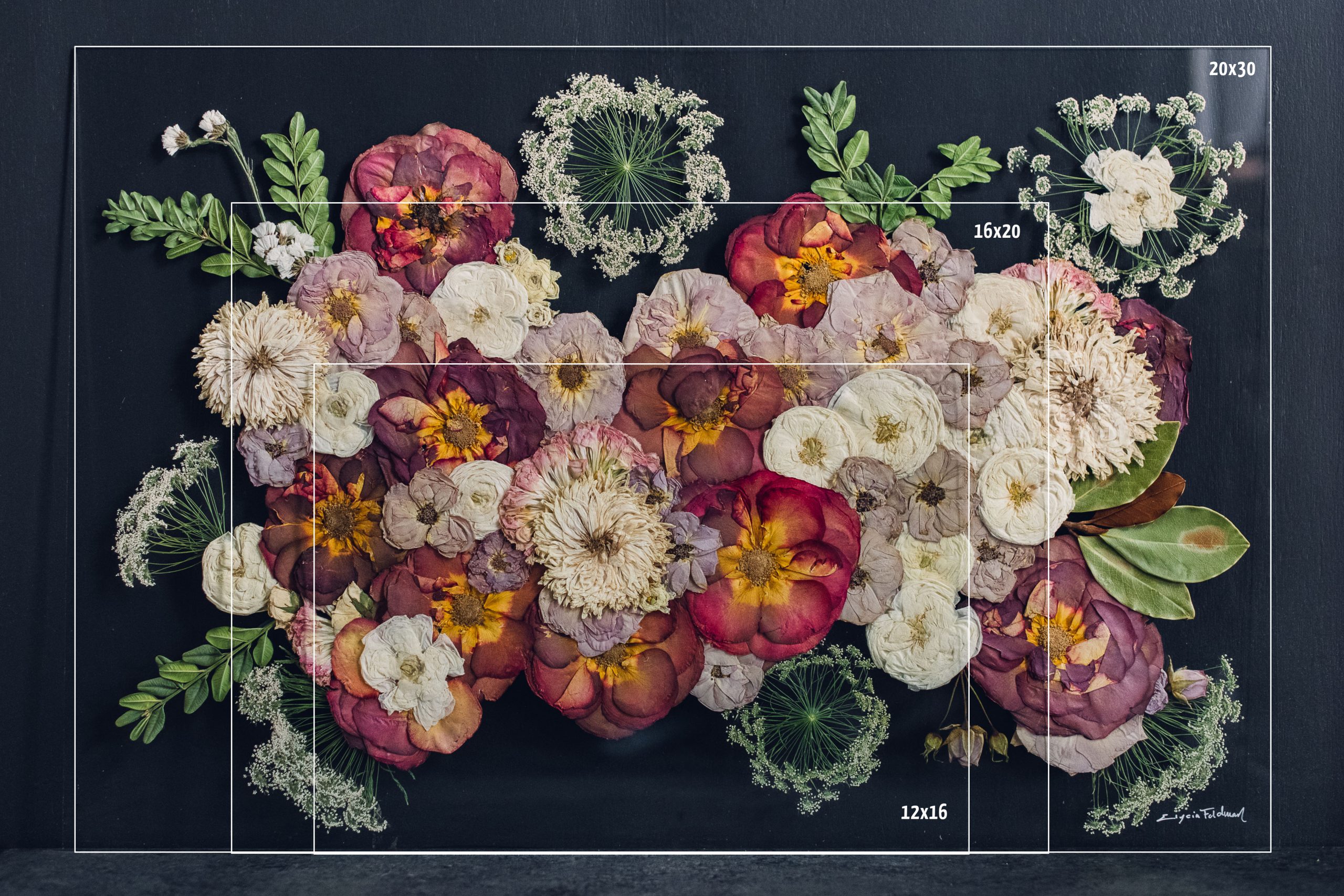 Wild-Blossoms-Art Size Comparison-sizes image comparing a 20x30 to 16x20 to 12x16 art design