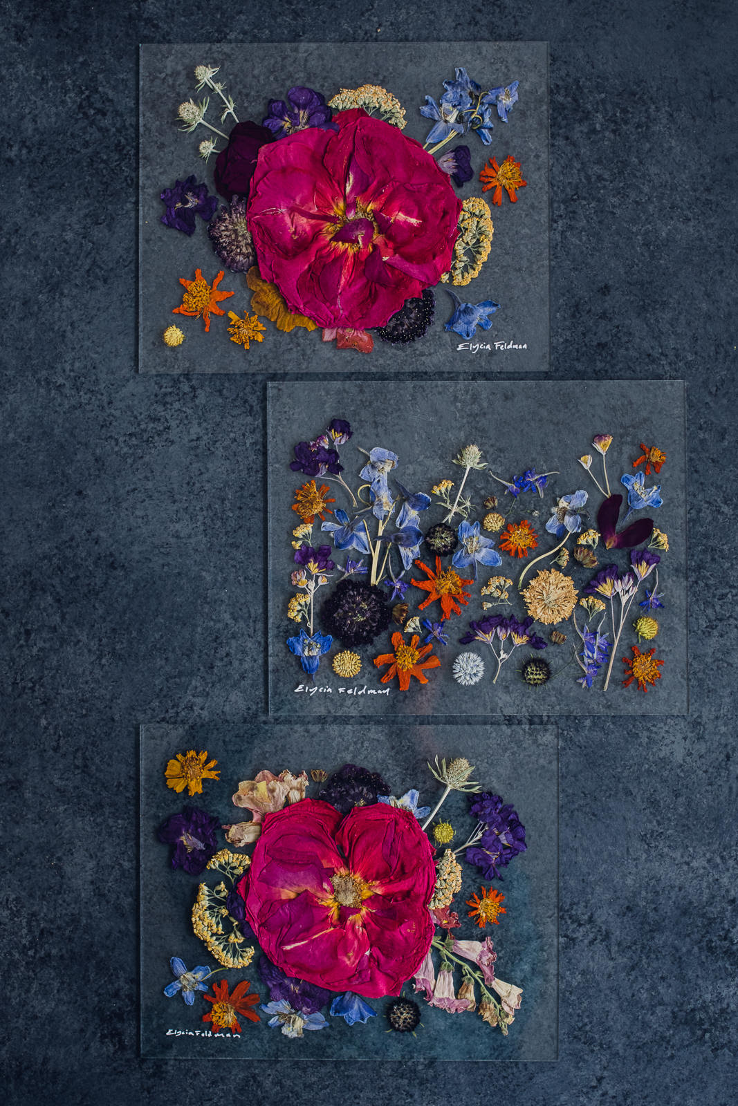 wild-blossoms-bouquet-preservation-art-feb-2023-web-12 set of 3 pressed bouquet preservation art pieces with magenta roses