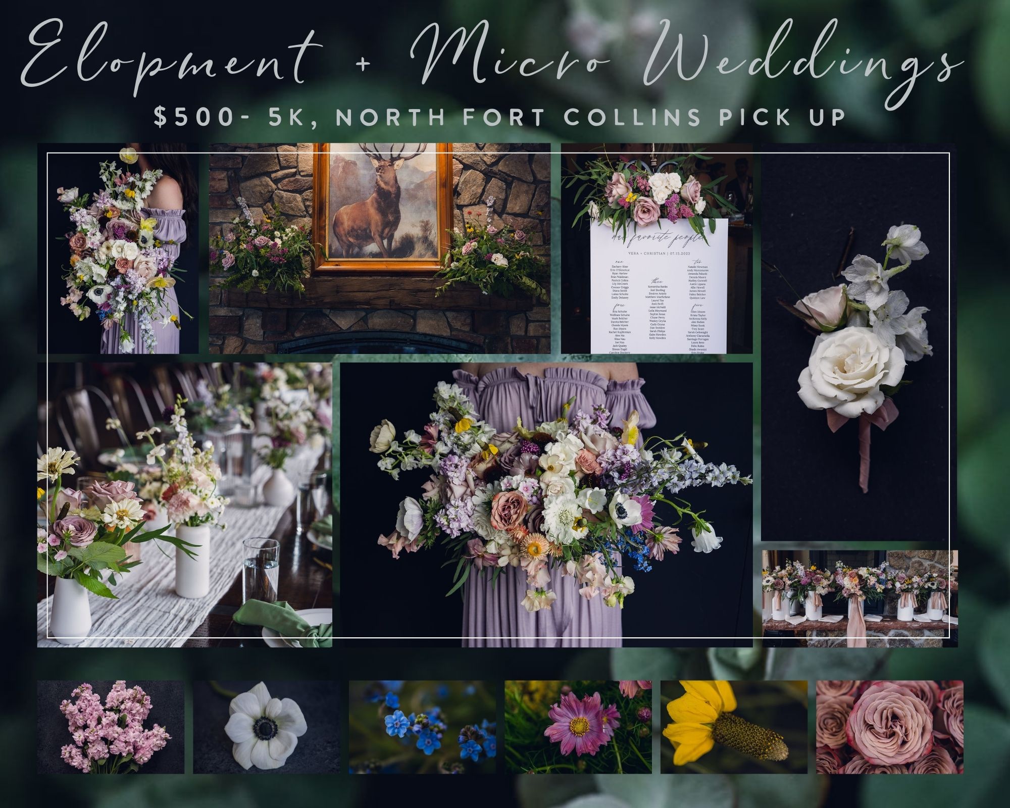 collage of northern colorado micro wedding flowers
